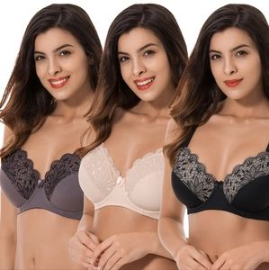 NEW Set of 3 Plus Size Unlined Minimizer Wirefree Bras with Embroidery Lace 38G